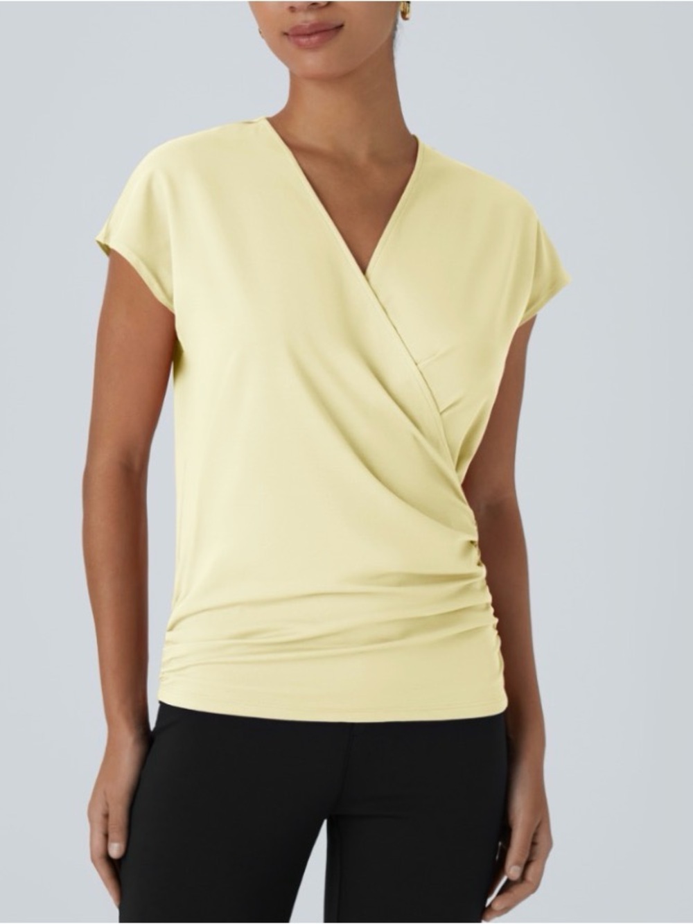 HALARA Light Yellow Wrap Front Cap Sleeve Top